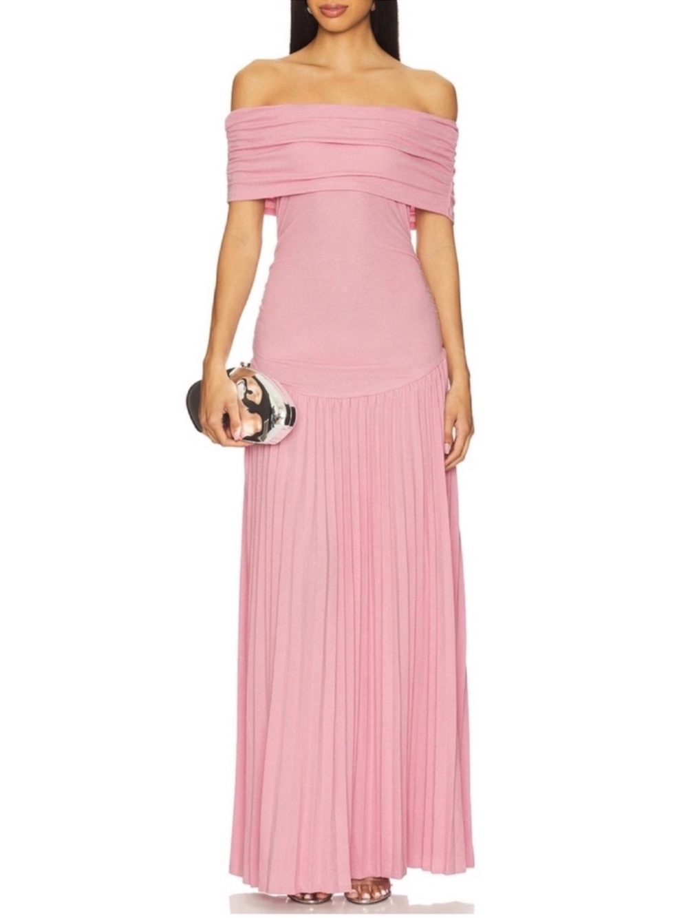 Lioness Off-Shoulder Pink Pleated Maxi Dress